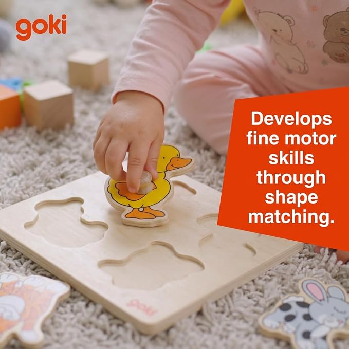 GOKI Wooden Peg Puzzle for Toddlers – Montessori Inspired Learning Toys for Toddlers I Farm Animals Knob Puzzle Ages 1+ Develops Fine Motor Skills and Shape Recognition I Designed with Love in Germany