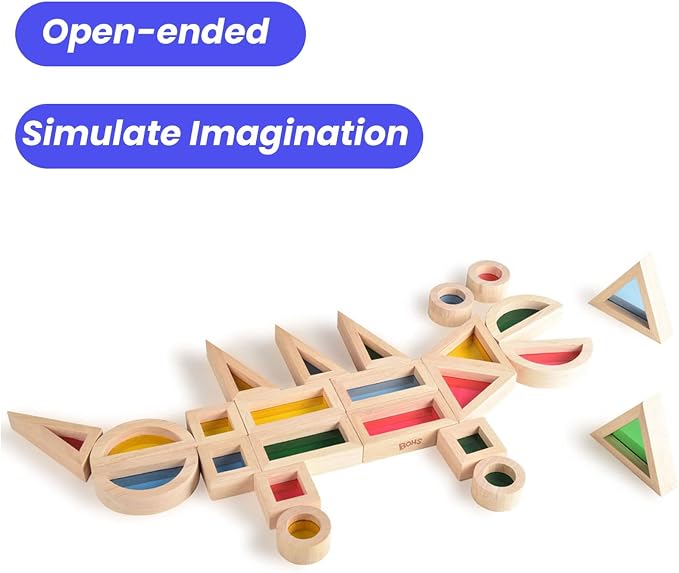 BOHS Translucent Wooden Rainbow Blocks for Kids, 24-Piece Sensory Set | Six shapes in four vivid colors; light-table and sunny-window play; color mixing, motor skills and open-ended creativity