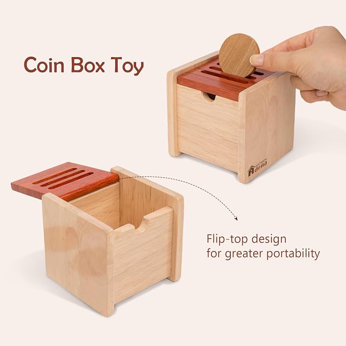 Adena Montessori Wooden Coin Box with Lid Object Permanence 6-12 Months | Solid wood smooth edges, flip lid, 6 coins, three tones. Builds grip, focus, fine motor, hand-eye. For 6-12 months. Gift.