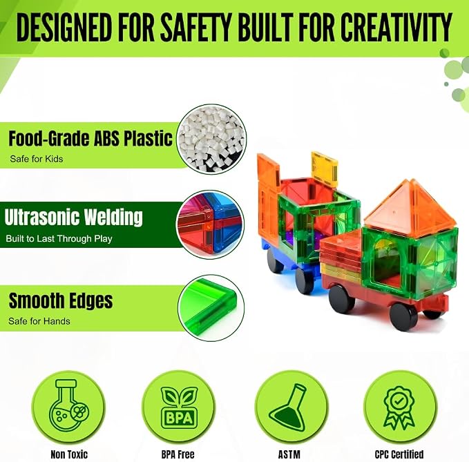 Magnetic Tiles 100 pcs with 2 Cars, STEM Building Blocks for Kids, Educational Gift, Magnet Construction Toys for Toddlers, School Teacher Supplies, Classroom Must-Haves