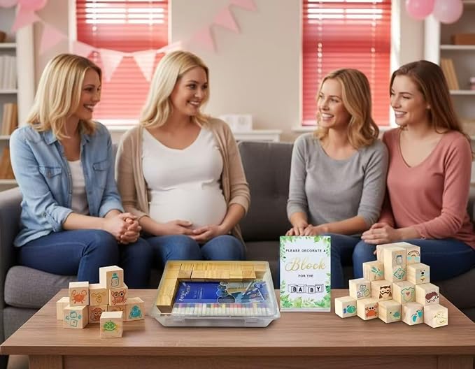 156-Piece Baby Shower Building Block Game Set, featuring 58 plain wooden blocks, 48 markers, 48 templates, 1 game instruction card, and 1 storage box—specially designed for parties (Leaves Theme)