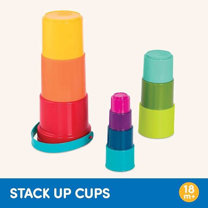 Battat Stacking Cups, Stack Up Cups Nesting Toy Set, 10 Pieces, Toddler | 9 stacking cups plus 1 bucket with handle; embossed numbers for counting, bath and beach sensory play, Toddler; 18+ Months