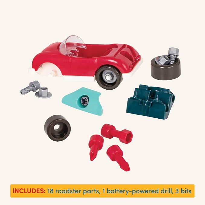 Battat Roadster Toy Drill Sports Car Building Set, Red, Roadster Car, Take | 22-piece toy vehicle with 18 roadster parts, battery-powered drill, and 3 bits for building play, Roadster Car, 3+ Years