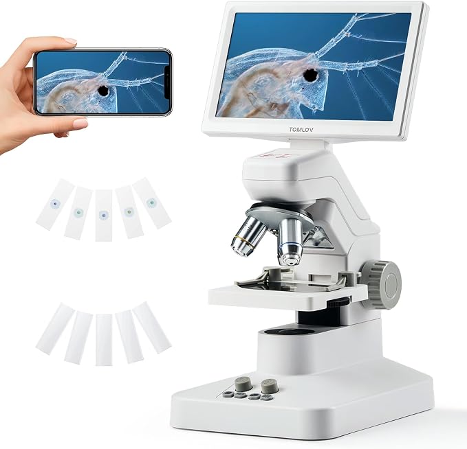 TOMLOV DM301 Pro Microscope for Kids Adults Students, 7" Screen Science Kit | TV/PC View, Camera & Video, Wireless APP Share, Dual LEDs, 1200X Biological Educational Scope with Slides, STEM Experiment