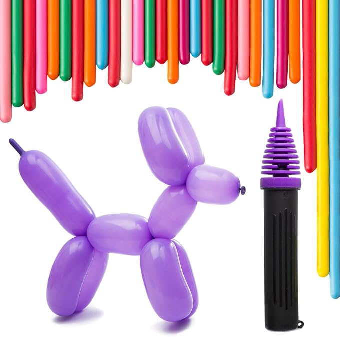 Balloon Animal Refill Pack – 200 Twisting Balloons with Double Action Hand Pump for Balloon Animal Kits, Party Refills, Balloon Modeling & Sculpting for Kids