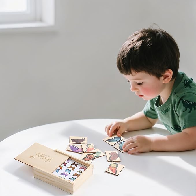 Wooden Butterfly Matching Puzzle Game for Ages 3+, 38 Pcs with Storage Box, Montessori Nature Memory Game for Visual Discrimination & Fine Motor Skills, Birthday