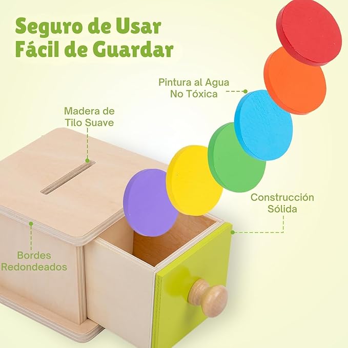 Adena Montessori Coin Box, Yellow-Green Door, 6-12m | 6 wooden coins. Flip-top door & drawer. Teaches object permanence & fine motor. Montessori toy. Gift 6-12m.
