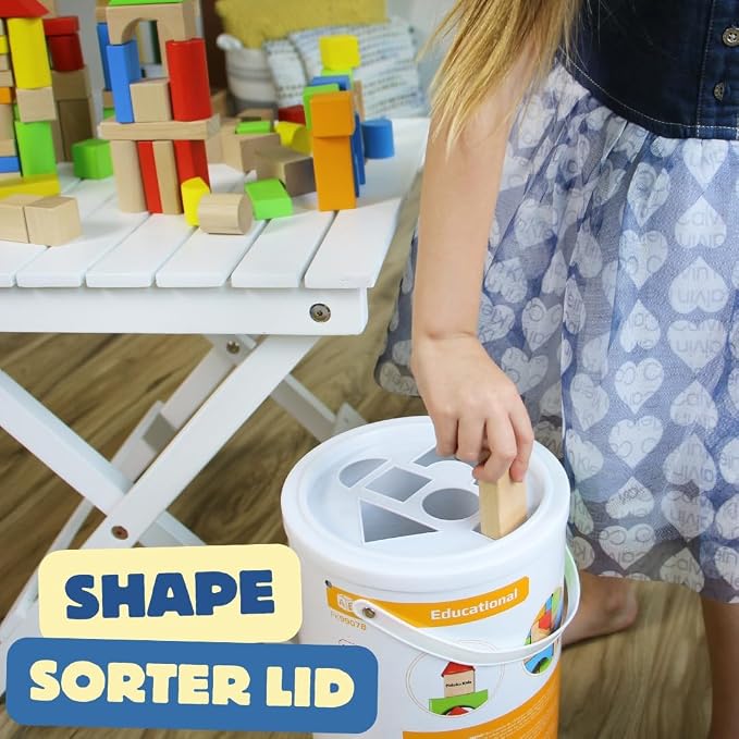 Pidoko Kids Building Blocks for Toddlers 1-3, 100 Pcs Wooden Blocks | Includes Storage Bucket and Shape Sorter Lid - Montessori Wood Block Gifts For Preschool Boys & Girls