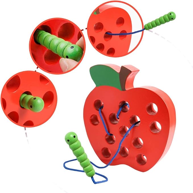 JCREN Wooden Lacing Apple Threading Toys Wood Apple Block Puzzle Travel Game Toys Early Learning Fine Motor Skills Montessori Educational for Baby Toddlers Kids 3 4 5 Years Old