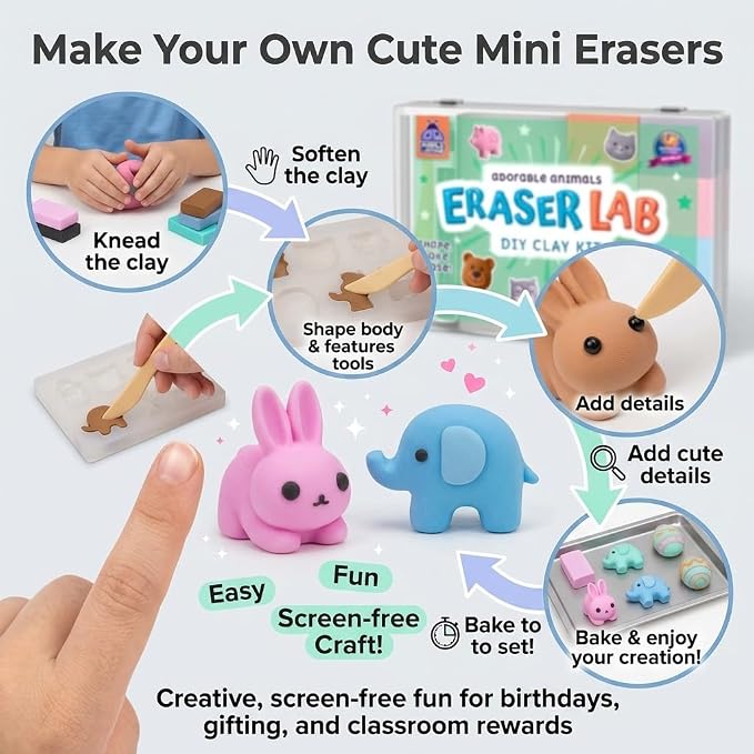DIY Clay Cute Mini Animal Eraser Kit for Kids Ages 4-12 | Birthday Gifts for Girls & Boys, Students Desk Pet Animals, Make Your Own Erasers, Arts and Crafts