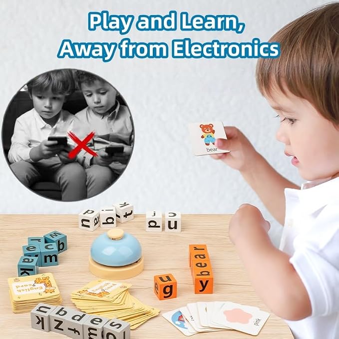 Wooden 2-in-1 Word Spelling & Math Counting Game for Kids Ages 3-6, Letter Number Puzzle Blocks with Flashcards, Educational Toy Gift for Boys and Girls, 2+ Players Family Night