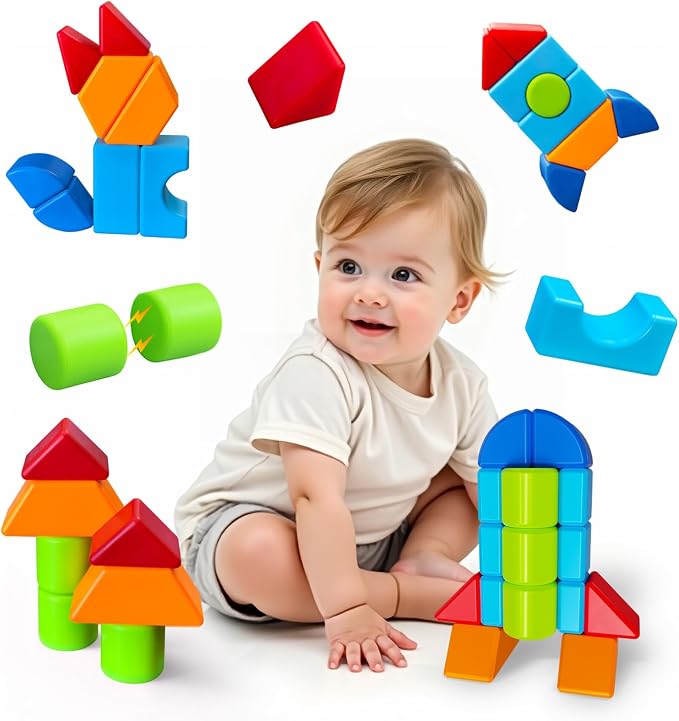 Pairez Toys Magnetic Blocks for Kids Ages 1-3, Large Building Blocks | Geometric 3D Shapes, 12 PCS Stacking Blocks Set, Montessori Sensory Toys for Toddlers, Boys & Girls, Kids Travel Toys