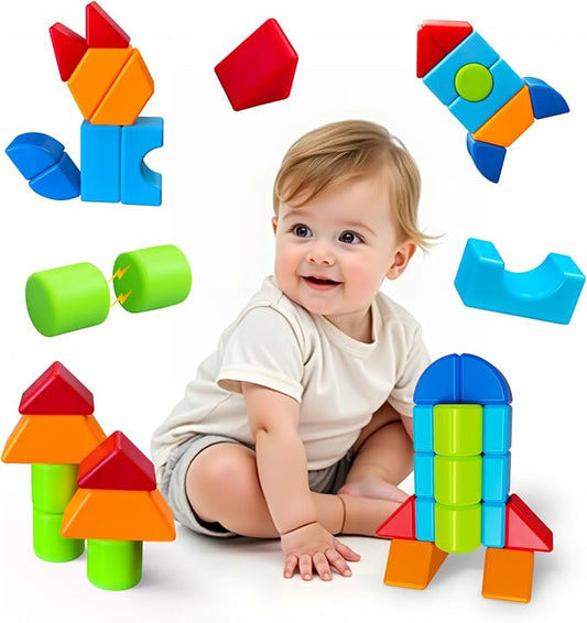 Pairez Toys Magnetic Blocks for Kids Ages 1-3, Large Building Blocks | Geometric 3D Shapes, 12 PCS Stacking Blocks Set, Montessori Sensory Toys for Toddlers, Boys & Girls, Kids Travel Toys