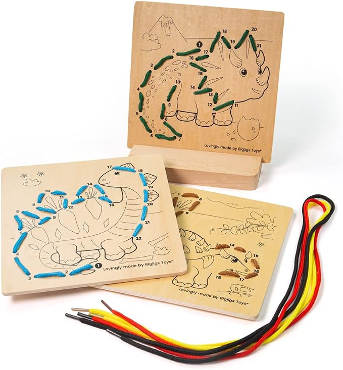 Bigjigs Toys Lacing By Numbers - Dinosaur Wooden Threading Toy for Toddlers 3 Years +, Fine Motor Skills Toys