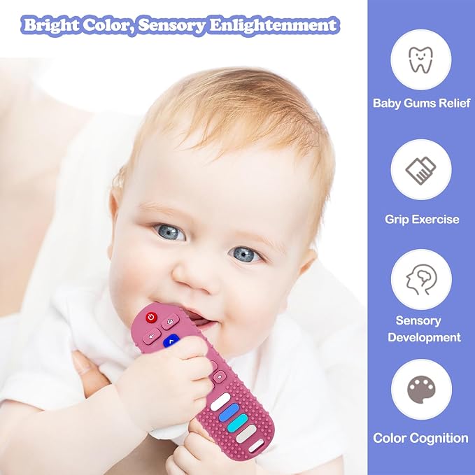 ROBBEAR 1 Pack Baby Teething Toys, Food Grade Silicone Remote Control Teether Toy for Babies 3 6 12 18 Months, TV Remote Shaped Chew Toys for Boys and Girls, Freezer BPA Free
