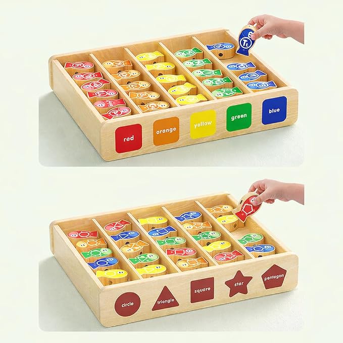 Montessori 6-in-1 Fishing Toys for Toddlers 3+, Wooden Magnetic Fish Game, Educational Preschool Learning Box—Fine Motor Skills, Color & Shape Sorter, Lacing Beads, Alphabet Matching Set for Kids