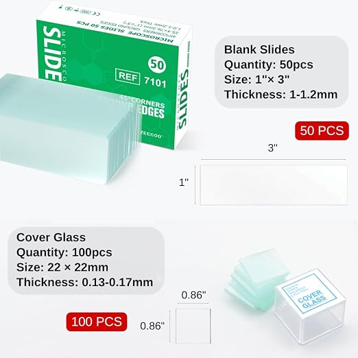 ZEEGOO Microscope Slides and Covers, 50 Blank Glass Slides + 100 Coverslips | Pre-Cleaned, Safe Ground Edges, 45°Corners, High Clarity, Easy to Use, Fits Most Microscopes, For Students, Beginners, Class