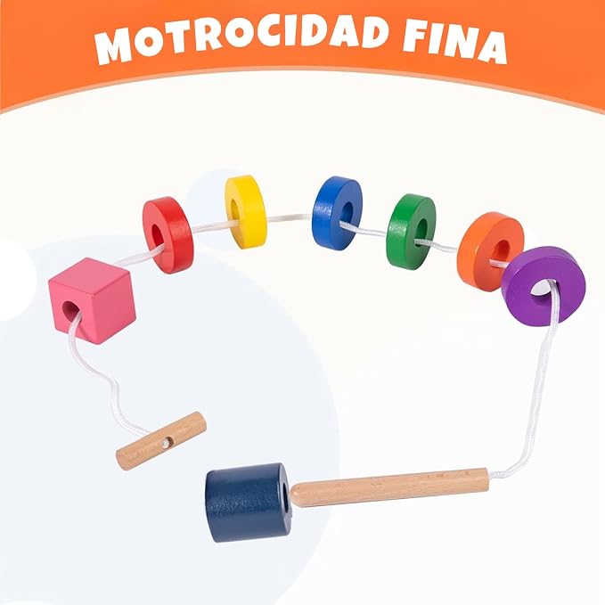 Adena Montessori Wooden Lacing Bead Set with Tray, 1-3y | 8 colorful geometric shapes with laces. Builds fine motor, pattern sequencing & hand-eye. Montessori. Gift 1-3y.