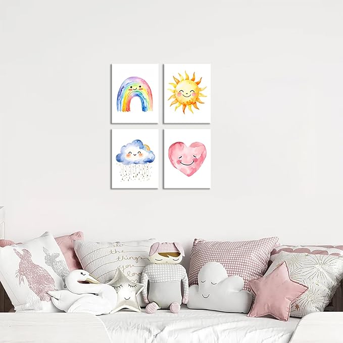 Framed Girls Rainbow Canvas Wall Decor Watercolor Sun Cloud Heart Decor | Kids Sunshine Painting for Classroom Kids Room Baby Room Bedroom Dormitory Decor 8''X10''
