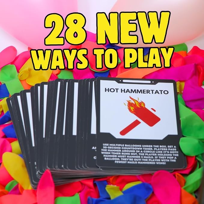 Wack A Balloon Party Edition Pop Game for Kids & Adults, Family Fun | 400 balloons, 200 nails, 4 hammers, 28 challenge cards, spinner, inflator, reusable ties, ages 4+