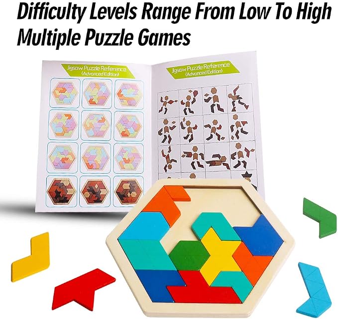 Wooden Hexagon Puzzle, Geometry Logic IQ Brain Blocks for Kids & Adults | Montessori Educational Toy, Geometric Shape Blocks, Logic IQ Game, Ideal Gift for Kids Teens Adults