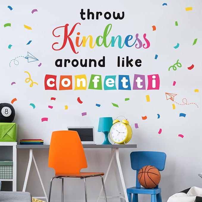 LHIUEM Inspirational Wall Decals Throw Kindness Around Like Confetti Bulletin Board Kits Peel and Stick Wall Decor Welcome Back to School Wall Stickers for Kids Elementary Classroom Kindergarten Sets