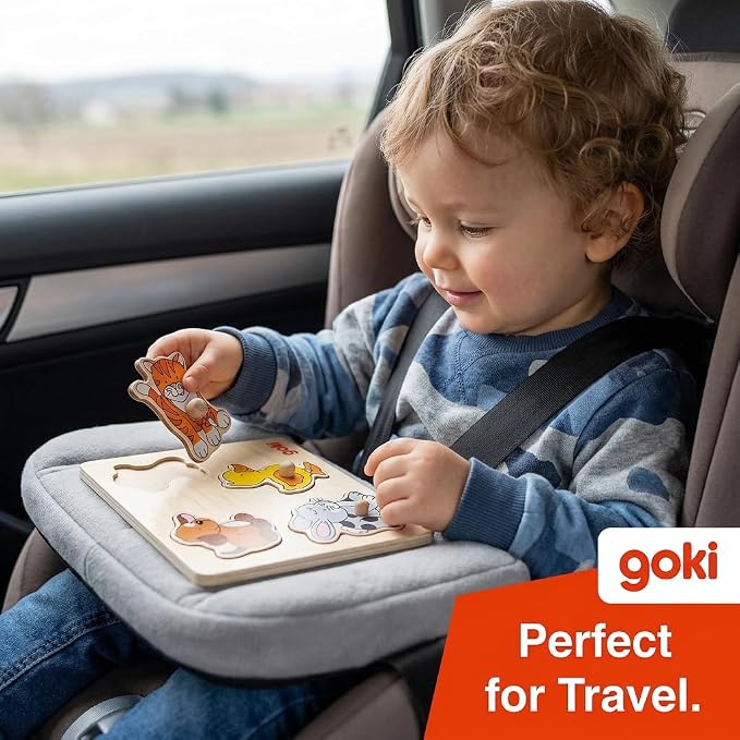 GOKI Wooden Peg Puzzle for Toddlers – Montessori Inspired Learning Toys for Toddlers I Farm Animals Knob Puzzle Ages 1+ Develops Fine Motor Skills and Shape Recognition I Designed with Love in Germany