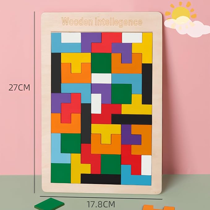 4 Pack Wooden Blocks Puzzles | Russian Blocks, Hexagon Puzzles, Tangrams Puzzles, Board Tic Tac Toe Game, Brain Teasers Toy Logic Game