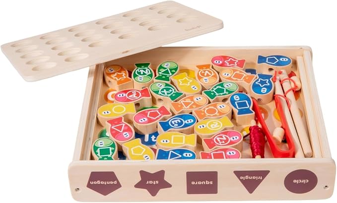 Montessori 6-in-1 Fishing Toys for Toddlers 3+, Wooden Magnetic Fish Game, Educational Preschool Learning Box—Fine Motor Skills, Color & Shape Sorter, Lacing Beads, Alphabet Matching Set for Kids