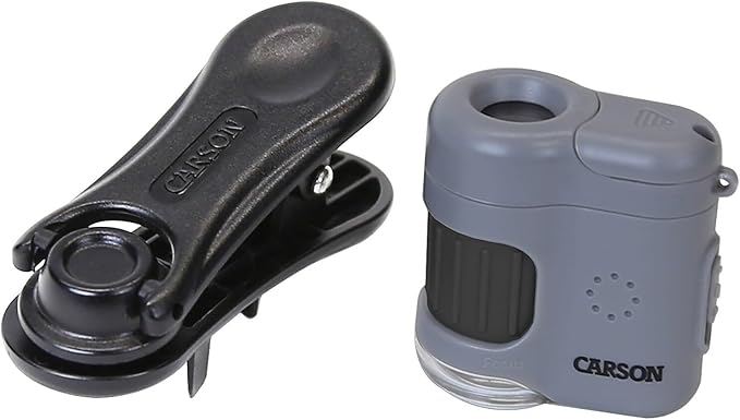 Carson MicroMini 20x LED and UV Lit Pocket Microscope & Smartphone Clip | Mini Microscope Kit with Universal Smartphone Adapter & Pocket Micoscope for Adults, Student, Kids STEM (MM-380)