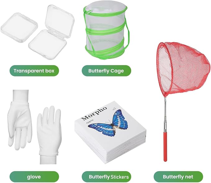 3 Pack Kids Telescopic Butterfly Fishing Net Set Extendable Anti Slip Bug Catching Kit with Box Cage Stickers Outdoor Toys