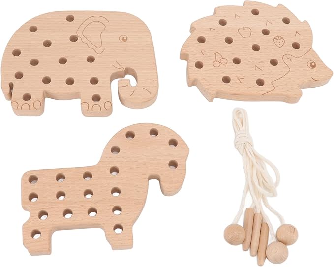 Fabater Wooden Lacing Toy for Toddlers - Animal Style Threading Toy, Safe Beech Wood Lace Block, Fine Motor Skill Early Education, 3-Pack Learning for Kids