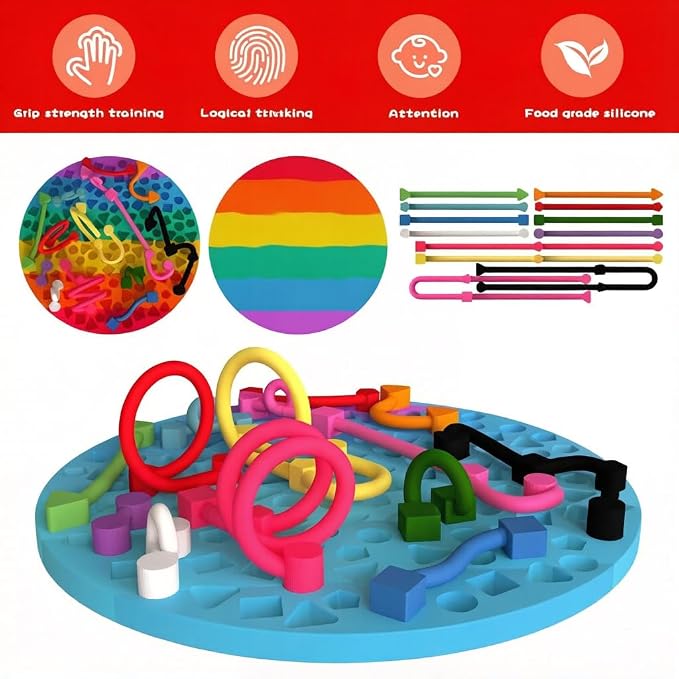 2PCS Sensory Activity Board, Sensory Board,Stress Relief Silicone Quiet Fidget Toy for Toddlers Kids Adults, ADHD Autism Sensory Toys | Includes Portable Travel Bag & 12 Strings（Blue+Orange）
