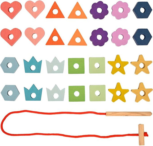tickit Rainbow Wooden Lacing Shapes | 28 Shapes | Toddler Montessori Threading Toy | Build Fine Motor & Logic Skills