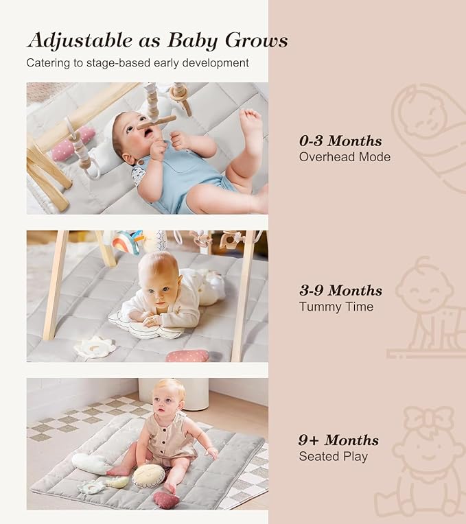 Wooden Play Gym with Beige Mat, Foldable Baby Play Gym, Infant Activity Mat with 6 Hanging Toys, Natural Pine Wood Frame Activity Center, Easy to Assemble & Clean, Newborn Present for Boys & Girls