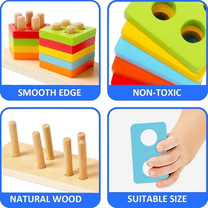 Wood City Wooden Montessori Toys for 1 2 3 Year Old Boys Girls Toddlers, Sorting & Stacking Toys for Toddlers and Kids Preschool, Educational Color Recognition Shape Sorter, Learning Puzzles Gift