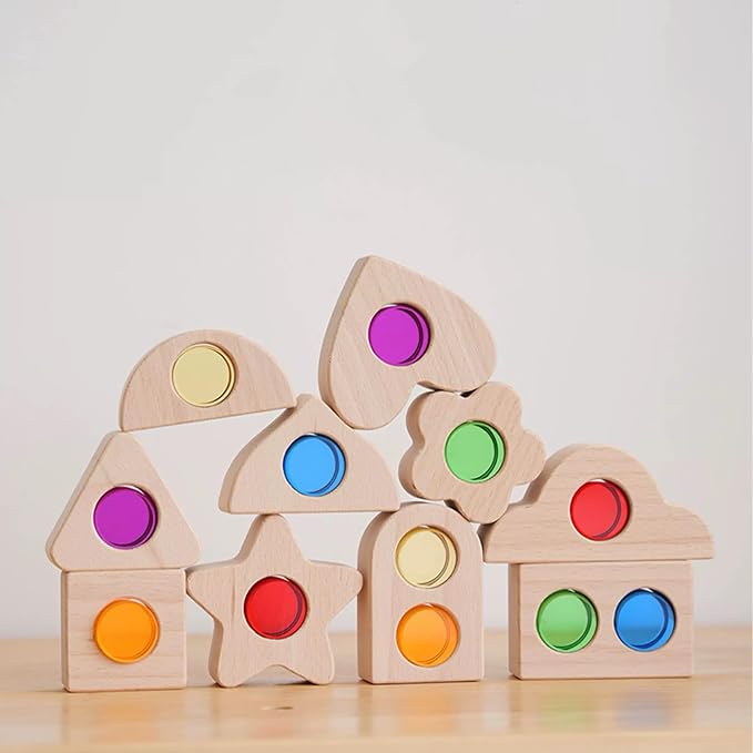22PCS Wooden Colorful Acrylic Cylindrical Blocks Set, Acrylic Shape Inlay Toy Educational Light Shadow Construction Building Block Toy for Kids (22PCS Shape Inlay)