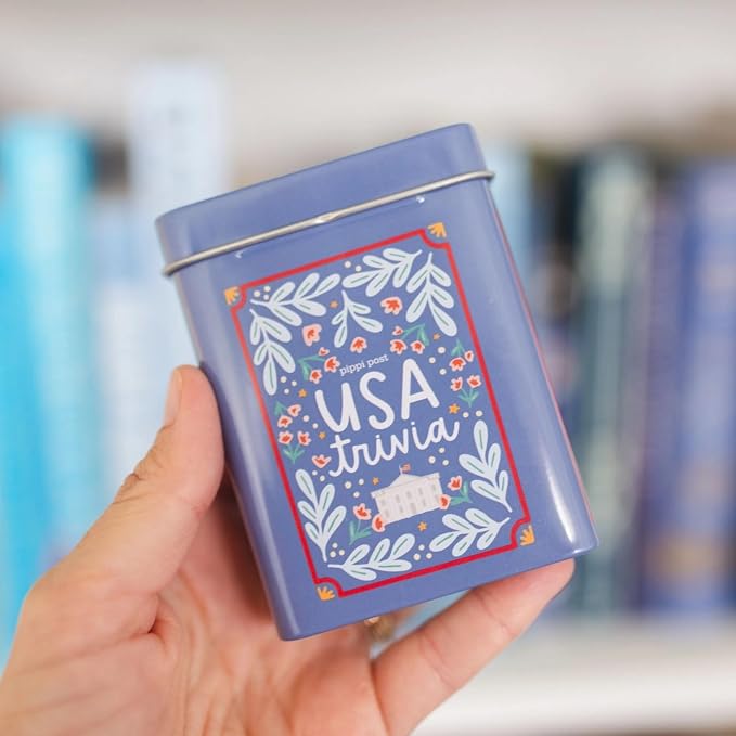 Pippi Post USA Trivia Card Game with Storage Tin, 50 History Quiz Cards | American History, Culture & Landmark Quiz Card Deck, Travel-Friendly Trivia Deck for Road Trips, Game Nights & Learning Fun