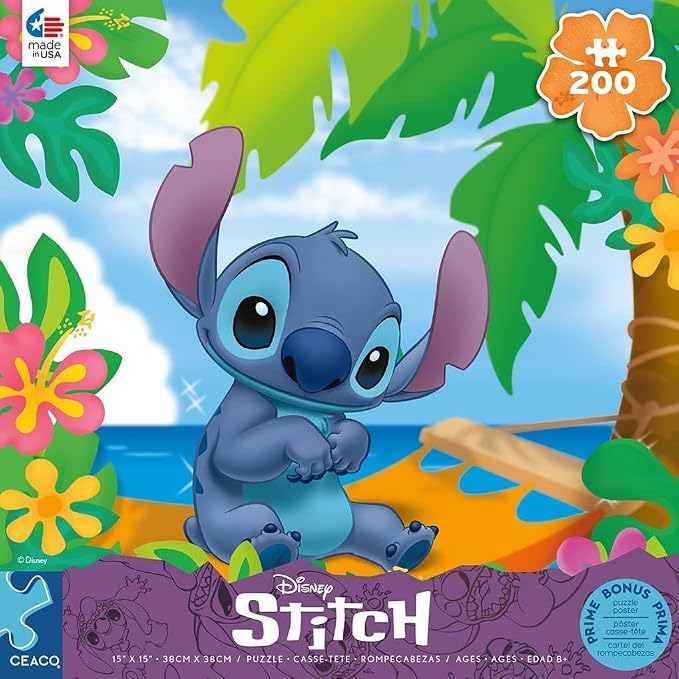 Ceaco - Disney Flower Power Stitch - 200 Piece Puzzle for Kids Ages 8-10 | Official Disney Licensed Art, Made in the USA, Recycled Board,15 in x 11 in