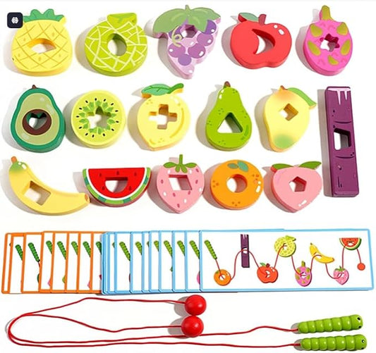 Wooden Greedy Caterpillar Lacing Toy, Montessori Threading & Stringing Toy with 20 Pattern Cards, Fine Motor Skills Educational Travel Gifts for Kids Ages 3+