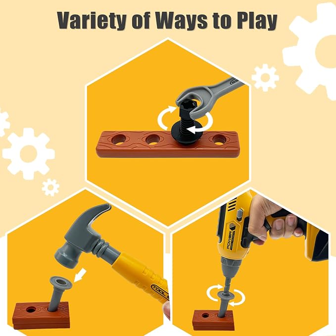 Playhiland Kids Tool Set for 3 4 5 6 7 8 Year Old Boys & Girls | Pretend Play Kids Construction Kits with Electronic Toy Drill & Tool Box, Toy Tools Christmas Birthday Gift