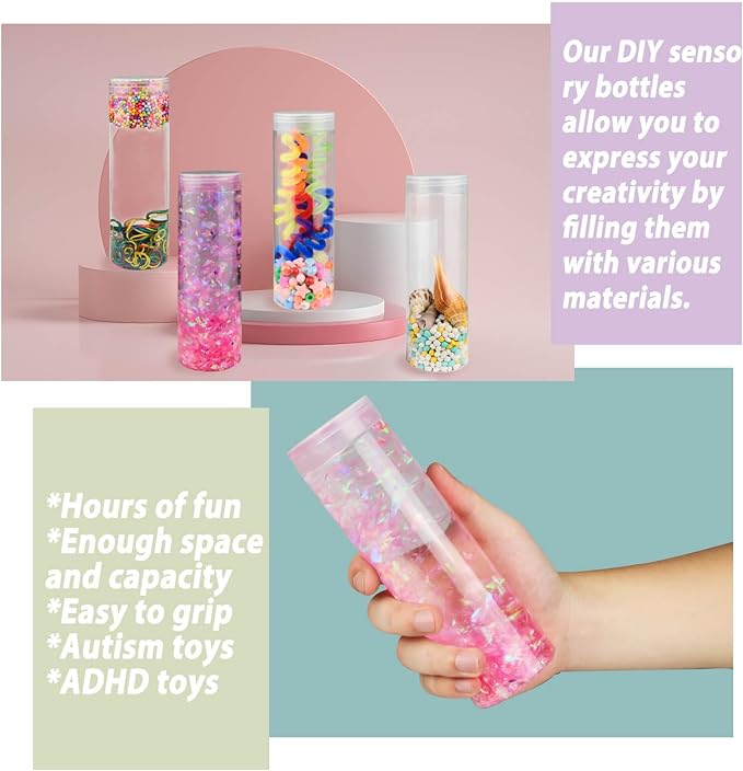 Sensory Bottle Kits for Kids, 4 Sets DIY Sensory Bottles 14 oz with Fillers, Calm Down Corner Supplies, Montessori Motor Skills Activity, Sensory Fidget Tube Toys