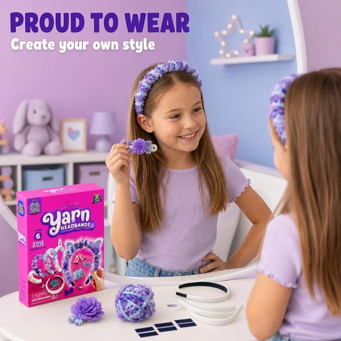 Wrap & Wear DIY Yarn Headband Making Kit, 7 Year Old Girl Birthday Gifts | Makes 6 Yarn Headbands for Girls Plus 3 DIY Metal Hair Clips, Mess-Free Headband Making Kit for Girls, Arts and Crafts for 6+