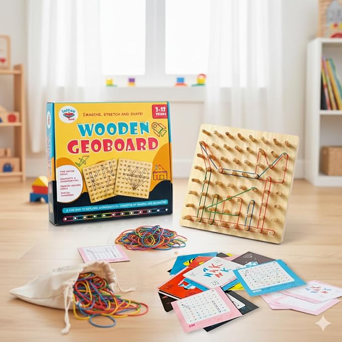 Lattooland Wooden Geoboard (8x8 Big Size) with Wooden Pegs | NO Nails | Brain Board Montessori STEM Toy for Kids | 42 Pattern Cards, Bands | Math Geometry Educational Game 3 4 5 6 Year Boys Girls