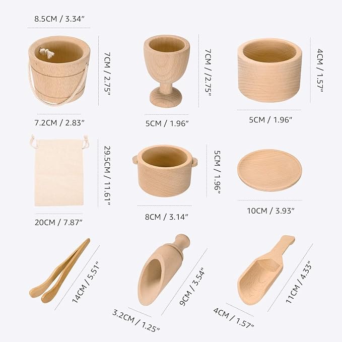 Montessori Toys Sensory Bin Toys for Toddlers Set of 9 | Wooden Waldorf Toys Wooden Scoops and Tongs for Transfer Work and Fine Motor Skills Development