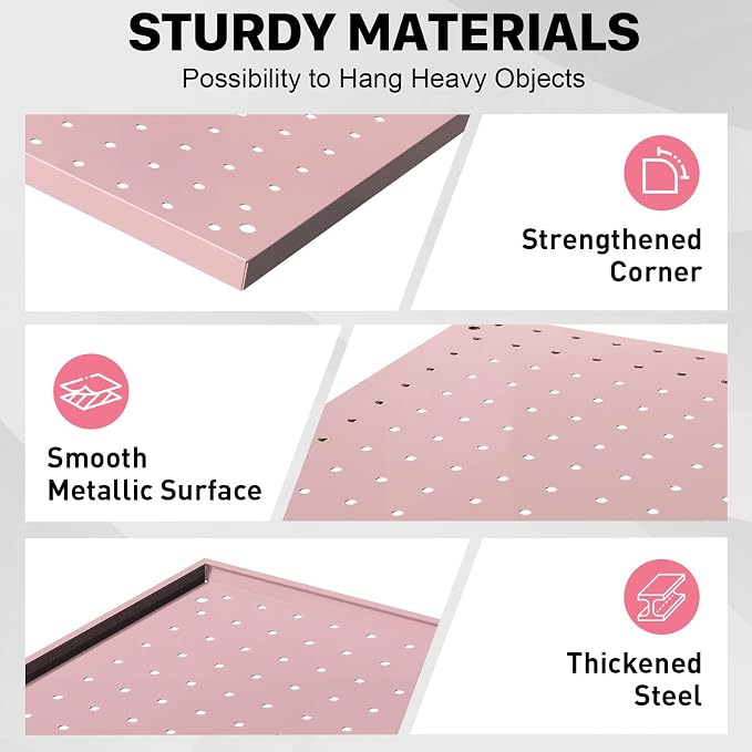 Peg Board, 2 Pack Metal Pegboard Panels Pink Pegboards Wall Organizer with Frame Large Heavy Duty Peg Board with Hooks for Walls Home,Garage Tool Storage,Office Organization,Kitchen 24”×16”