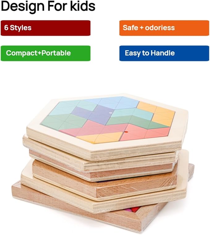 Yopay 6 Pack Wooden Tangrams Puzzles for Kids, 6 Styles Brain Teaser Hexagon Puzzle Block Geometric Shapes Jigsaw 3D Logic IQ Game