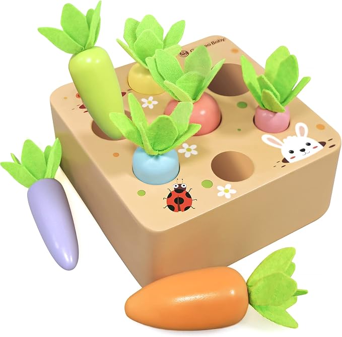 Montessori Toys for 2 3 Year Old Toddlers | Wooden Carrot Harvest Game | Kids Learning Educational Shape Sorting Toy for Toddler Boys and Girls, 18 Months Birthday Easter Gifts for Babies