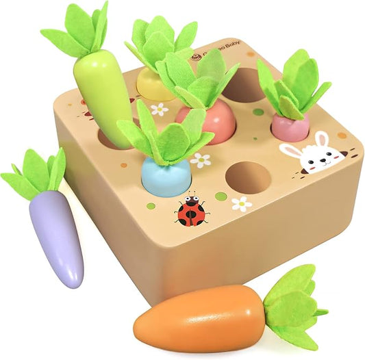 Montessori Toys for 2 3 Year Old Toddlers | Wooden Carrot Harvest Game | Kids Learning Educational Shape Sorting Toy for Toddler Boys and Girls, 18 Months Birthday Easter Gifts for Babies