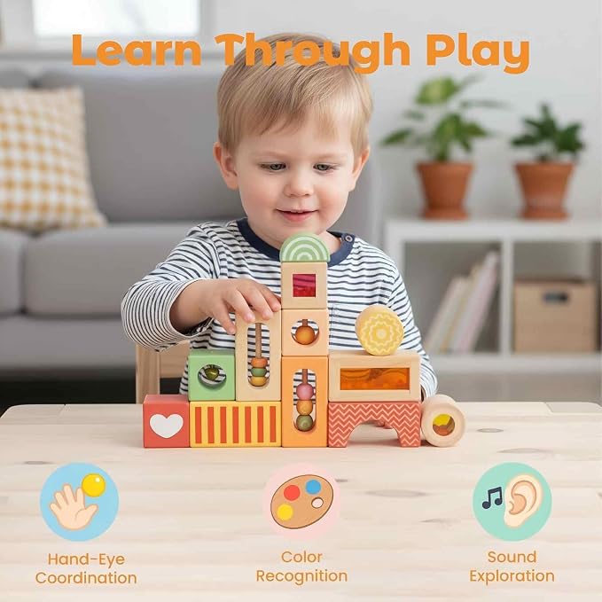 Fun with Sounds Wooden Discovery Blocks for Toddlers with Acoustic Sounds, Toddler Toys for Preschool Learning Activities (Red)